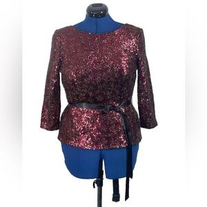 Alex Evenings Red‎ Floral Sequined Tops Sz Med with Tie Belt Tunic Vneck Back